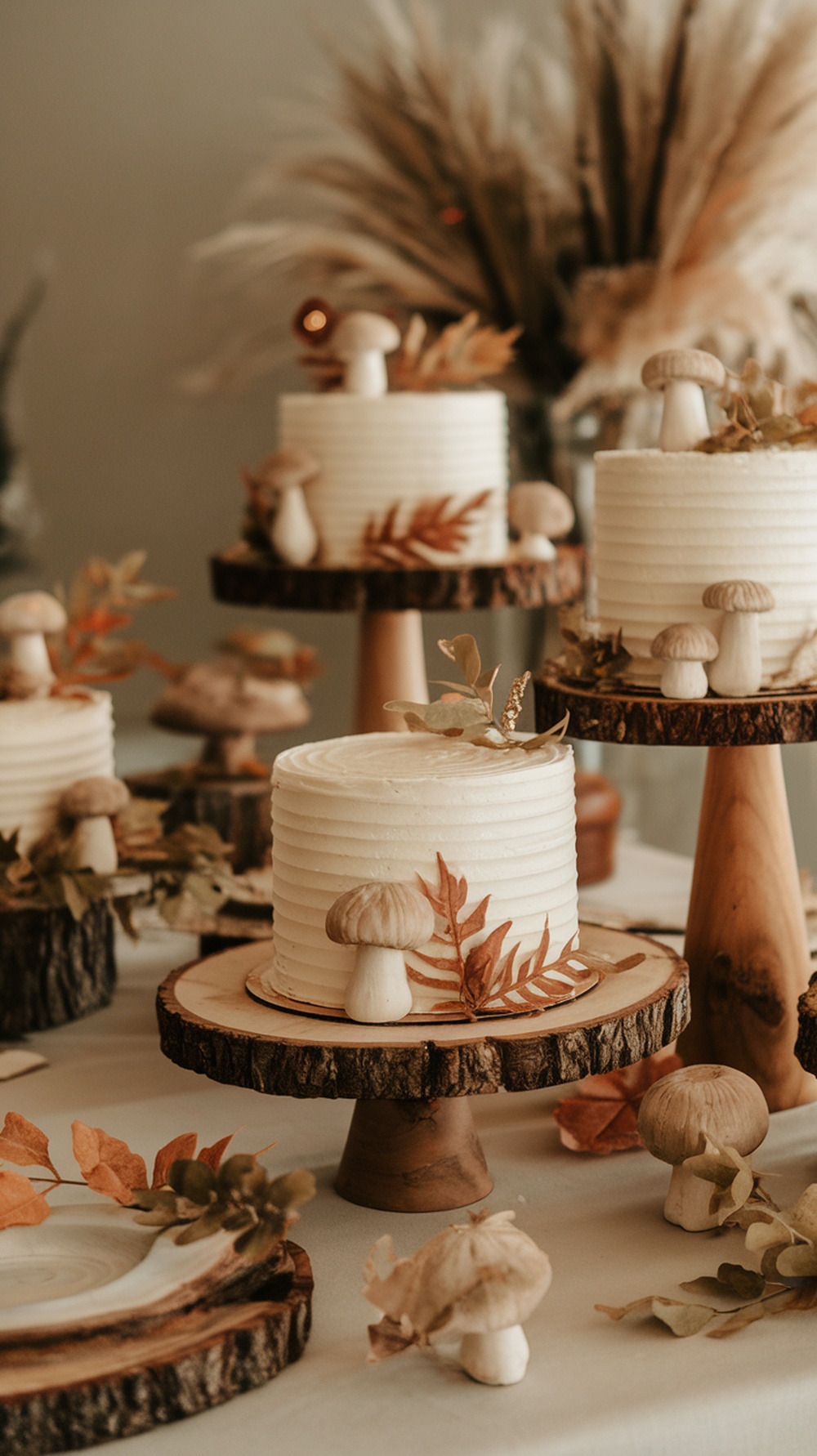 Woodland baby shower dessert table featuring beautifully decorated cakes with edible mushrooms and autumn leaves on wooden stands.
