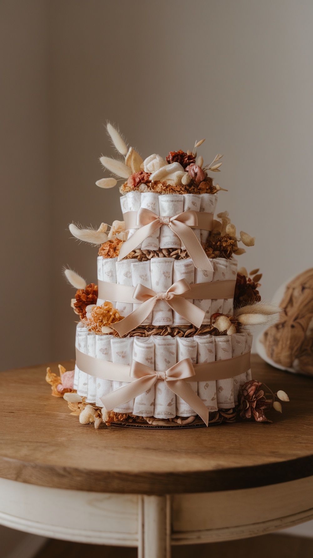 A beautifully arranged modern neutral diaper cake decorated with dried flowers and ribbons, showcasing a charming fall baby shower centerpiece.