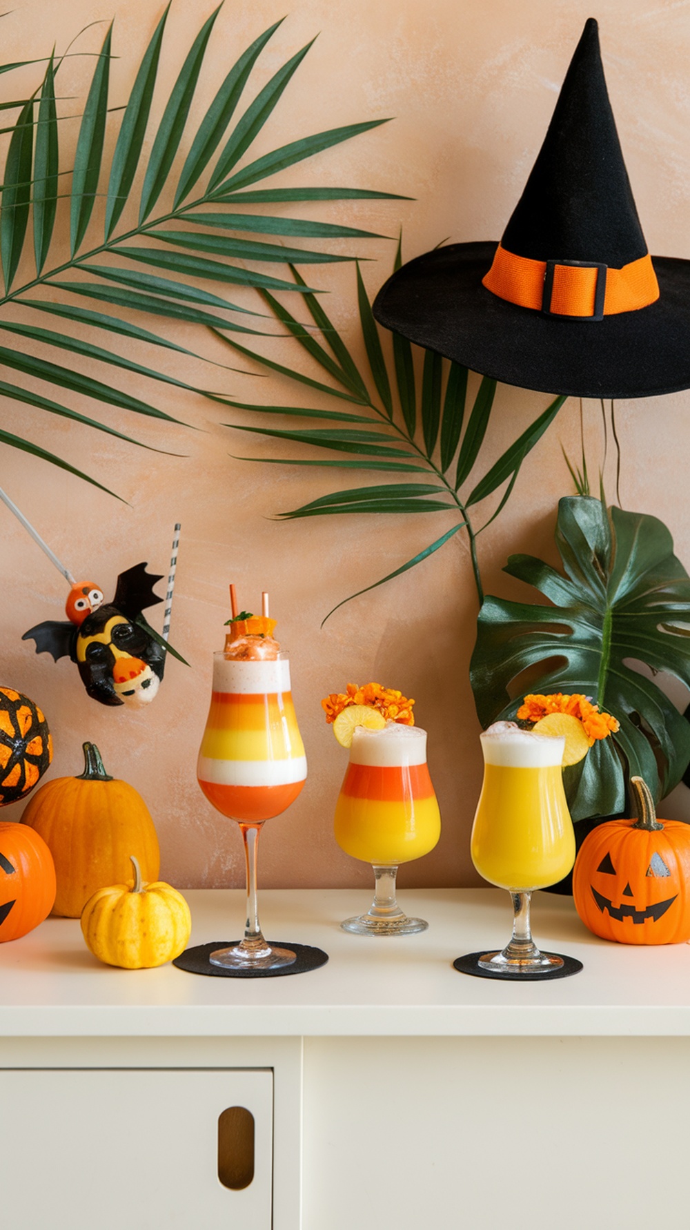 A colorful display of candy corn inspired mocktails with pumpkins and a witch hat, perfect for a Summerween party.