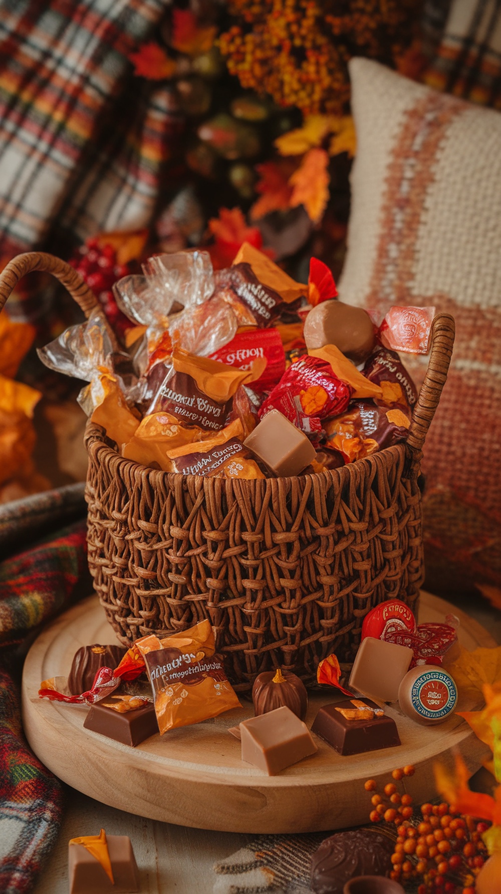 A rustic basket filled with assorted fall candies surrounded by autumn leaves.