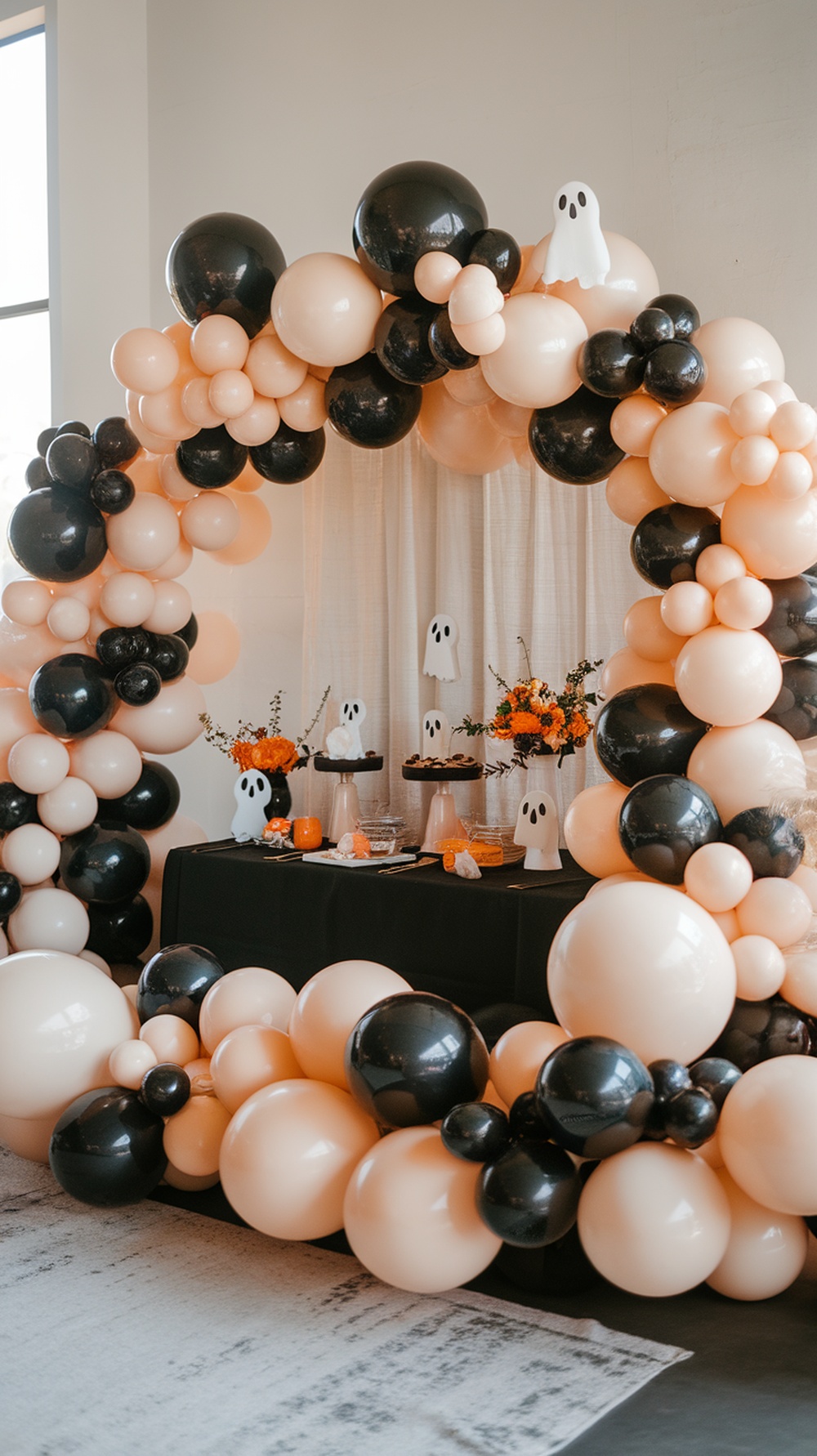 A beautifully styled black and cream balloon garland at a baby shower.