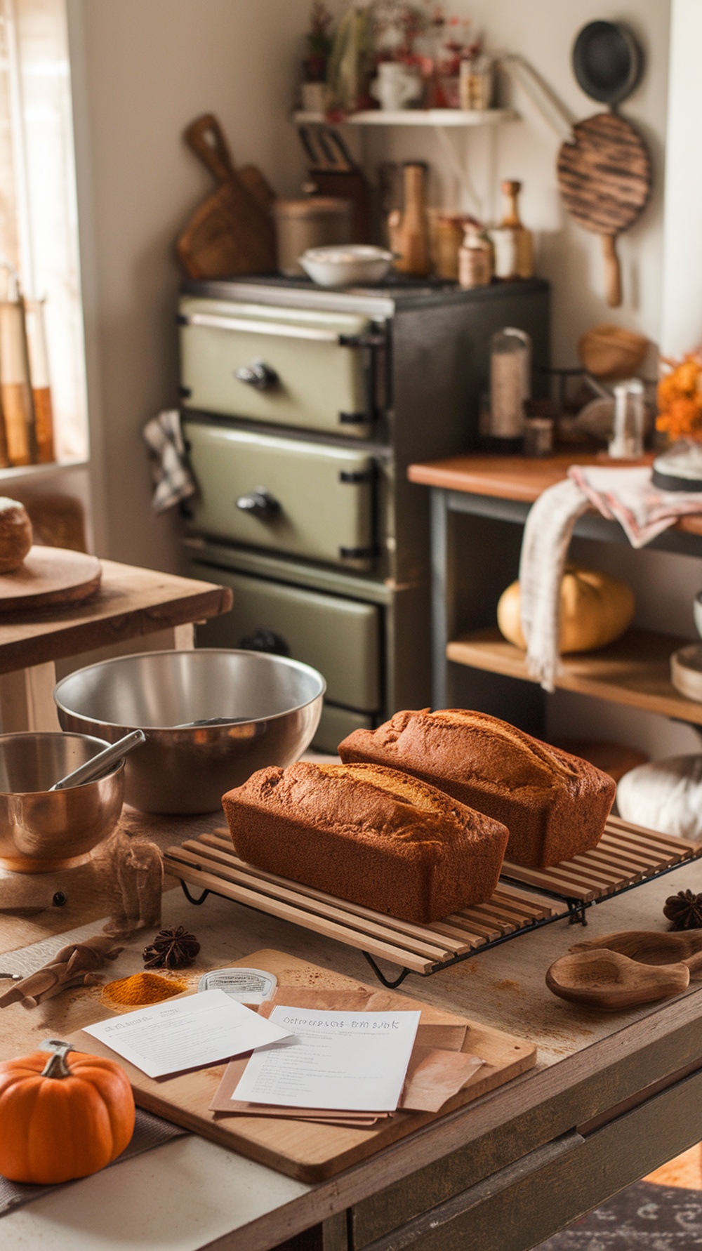 A cozy kitchen scene with freshly baked pumpkin bread loaves cooling on a rack, surrounded by baking utensils and fall decor.