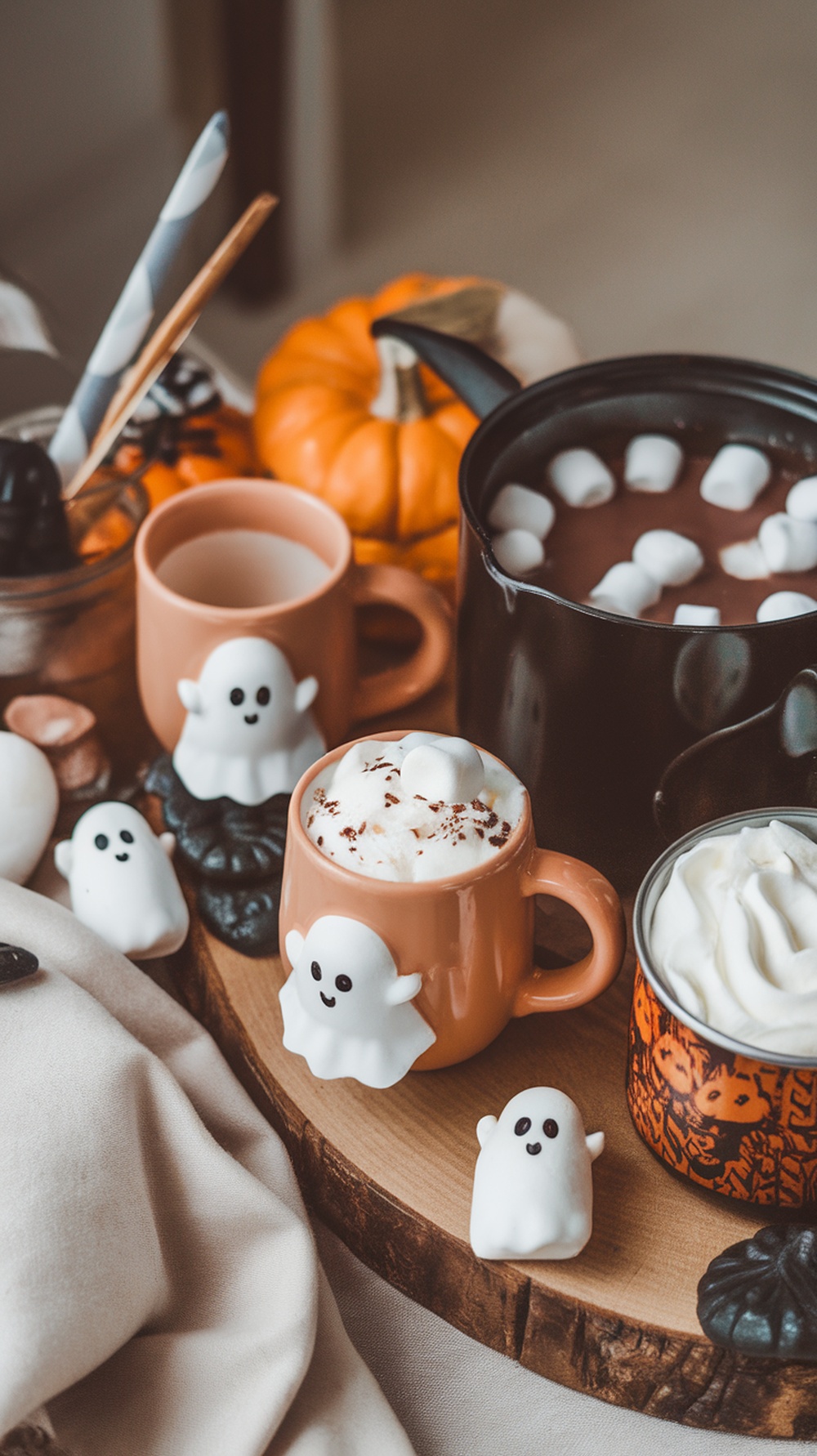 A cozy hot cocoa bar featuring ghost-shaped marshmallows, rich cocoa, and fall decorations.
