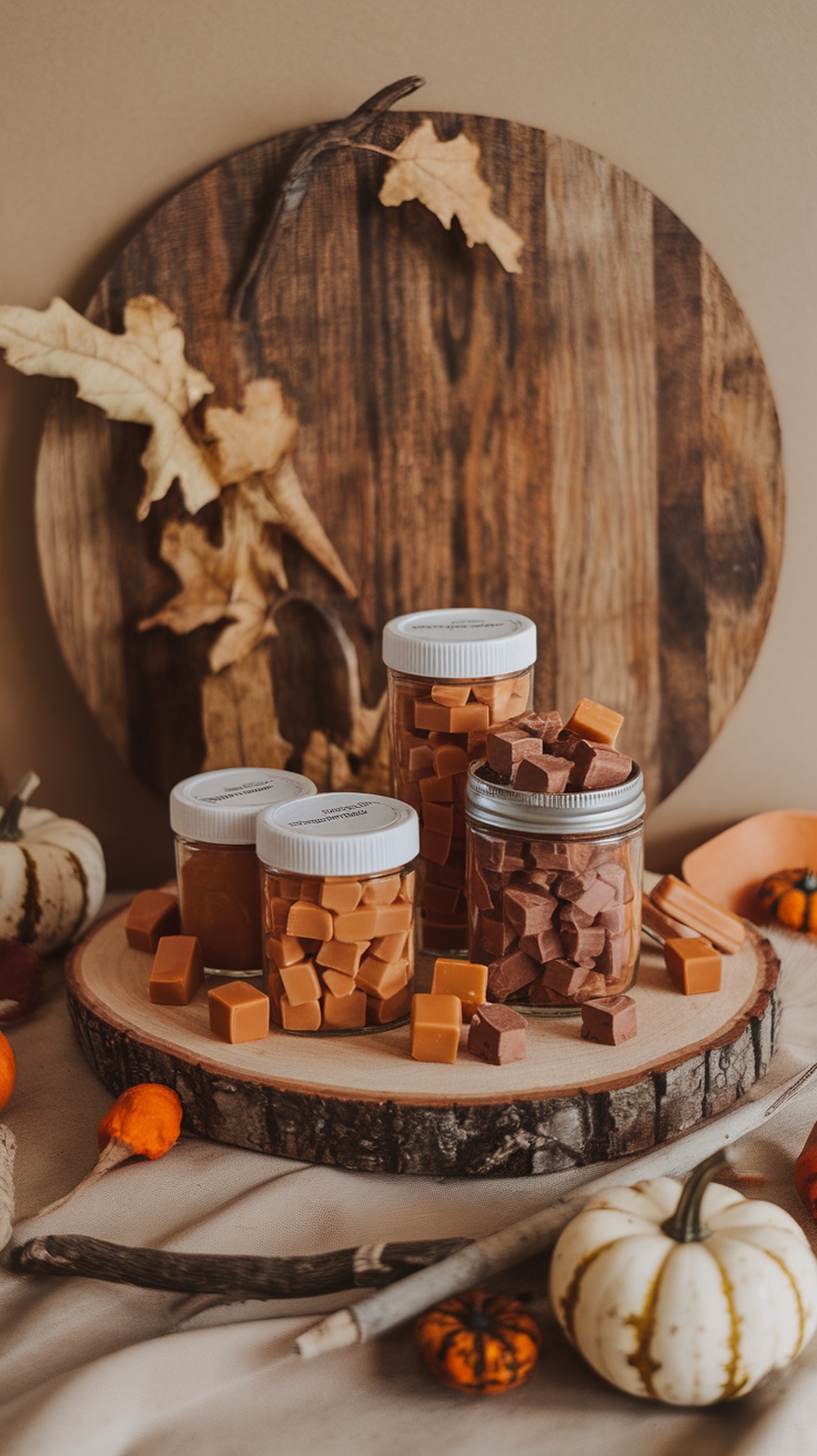 A wood slice display featuring jars of candies, surrounded by autumn leaves and pumpkins.