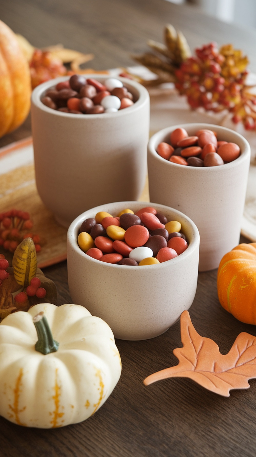 Neutral ceramic bowls filled with colorful candies surrounded by autumn decorations.