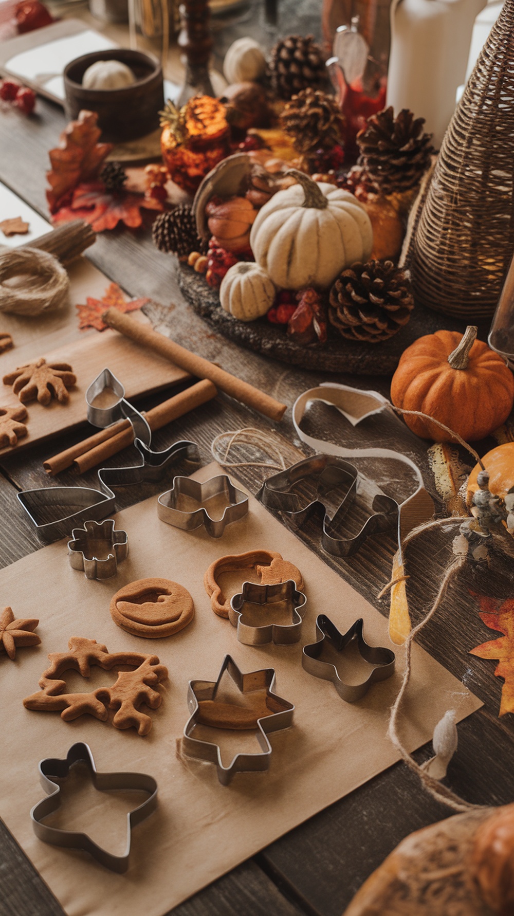 Homemade cinnamon ornaments with cookie cutters and fall decorations on a table.