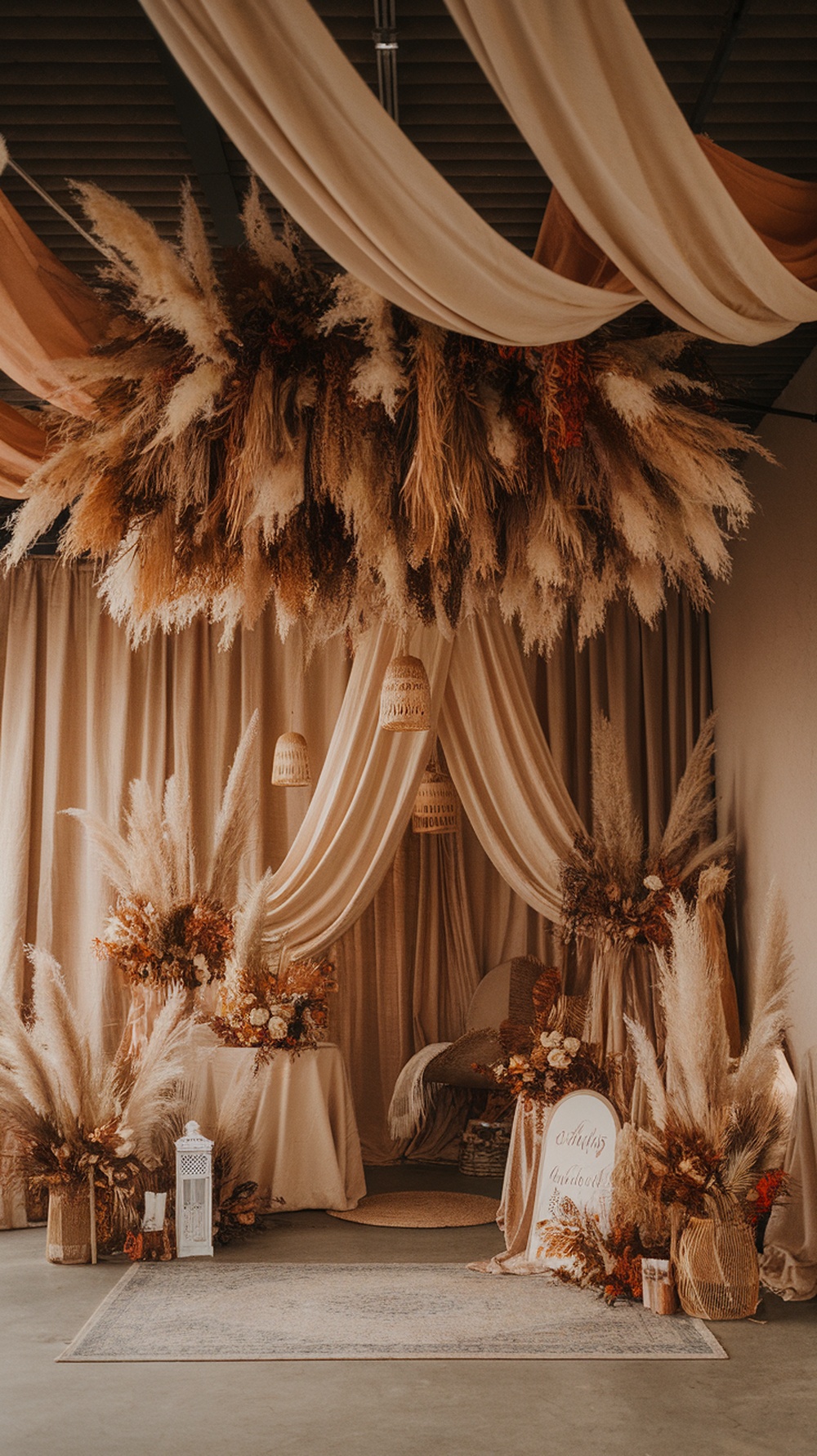 Beautiful bohemian style ceiling decor for a fall baby shower featuring draped fabric and pampas grass.