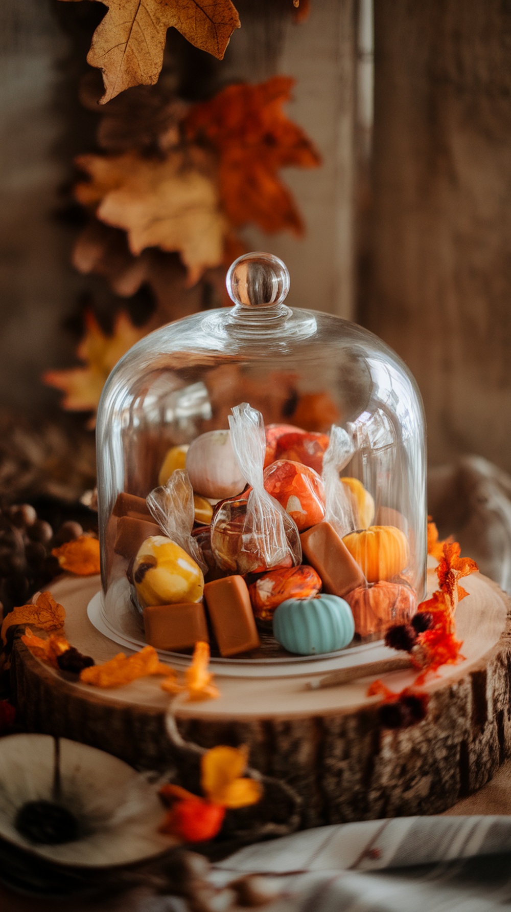 A decorative glass cloche filled with assorted colorful candies, surrounded by fall leaves and placed on a rustic wooden base.