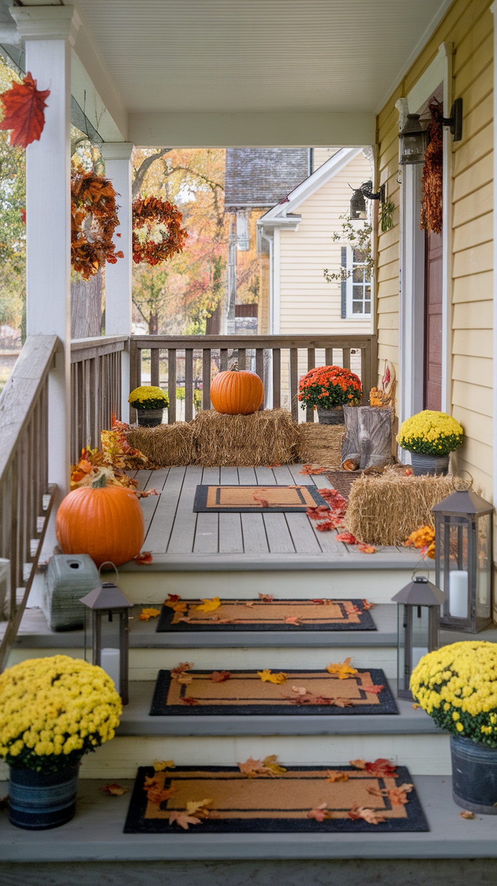 Beautifully decorated front porch for fall with pumpkins, flowers, and autumn leaves.