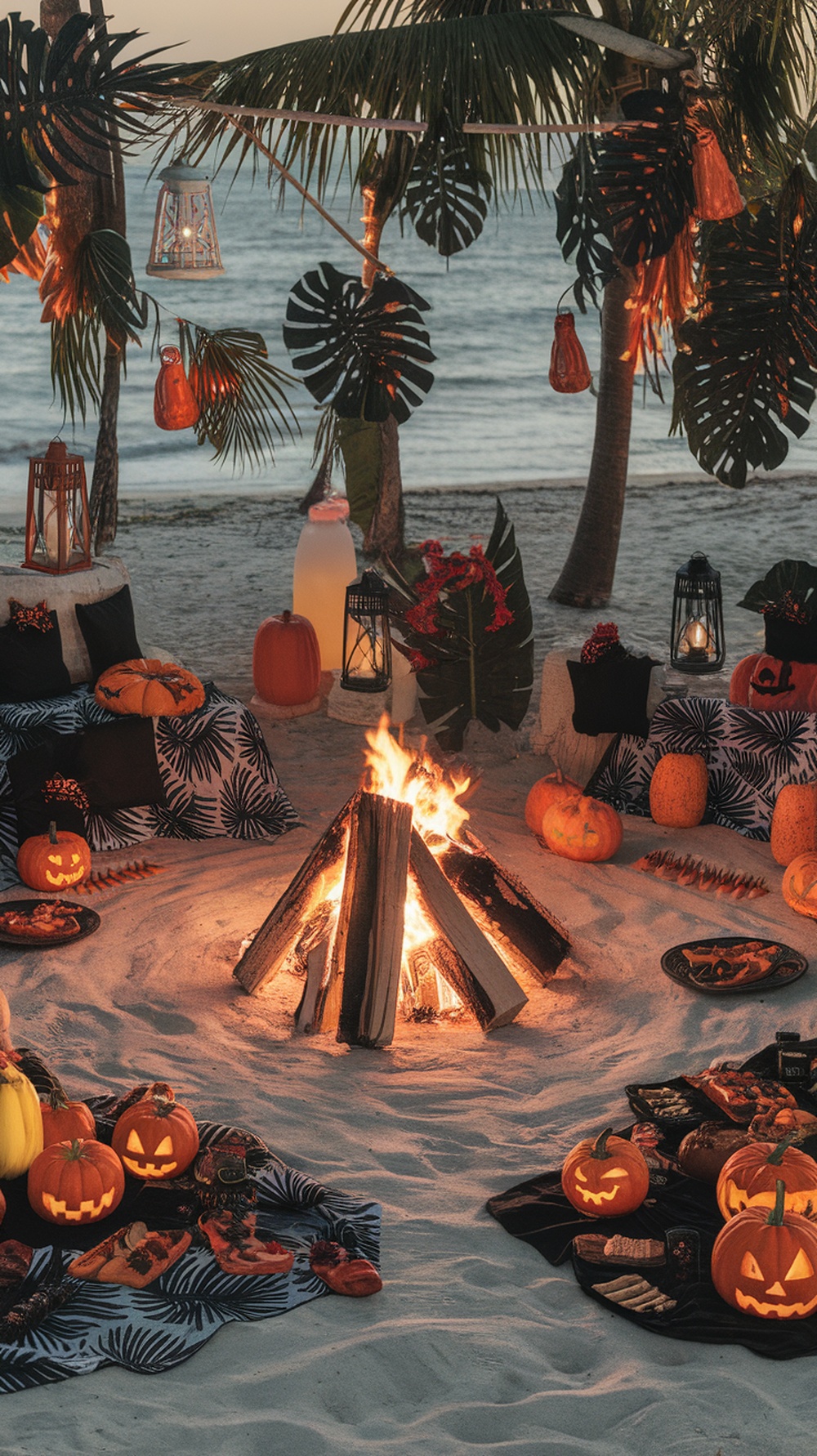 A beautifully decorated beach bonfire setup for Summerween featuring glowing pumpkins, cozy seating, and a warm fire.