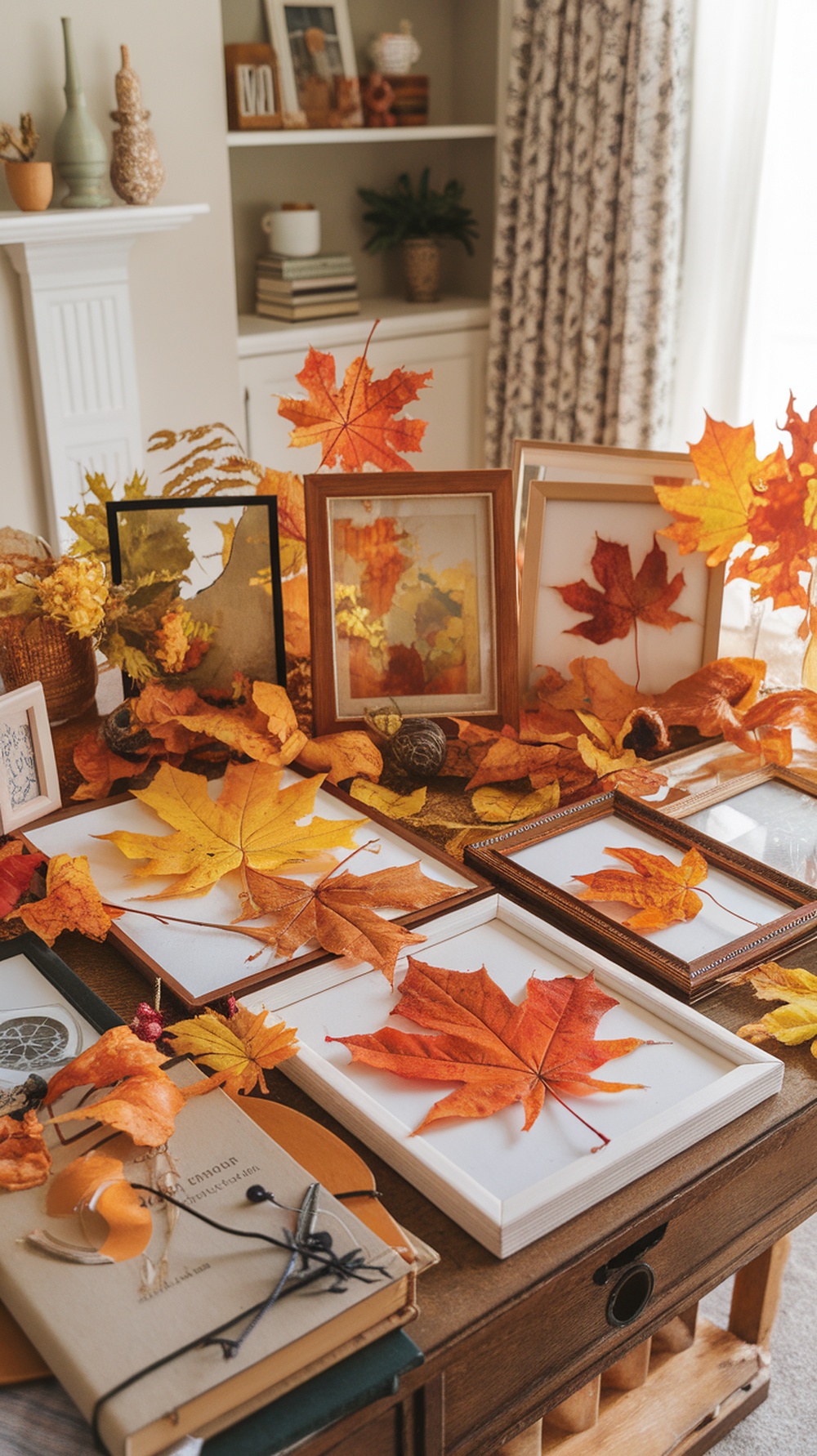 A cozy arrangement of pressed fall leaves in various frames, showcasing vibrant autumn colors on a wooden table.