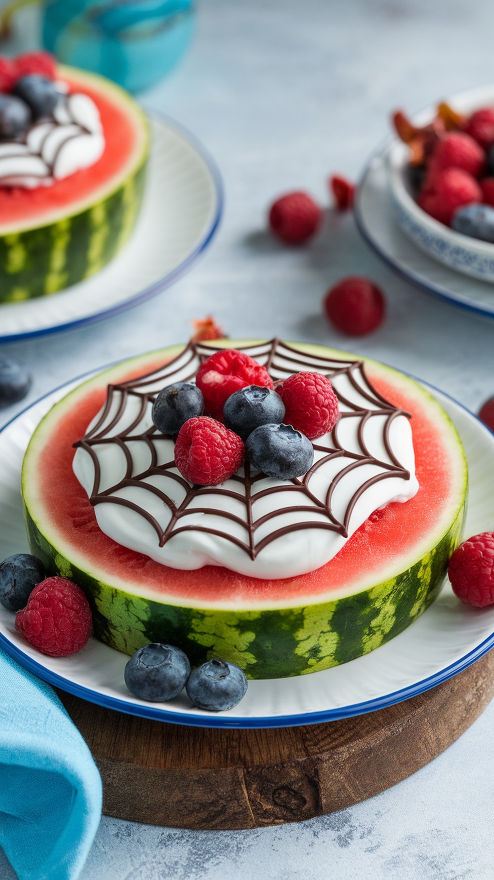 Spider Web Watermelon Pizza topped with Greek yogurt, berries, and chocolate syrup in a web design.