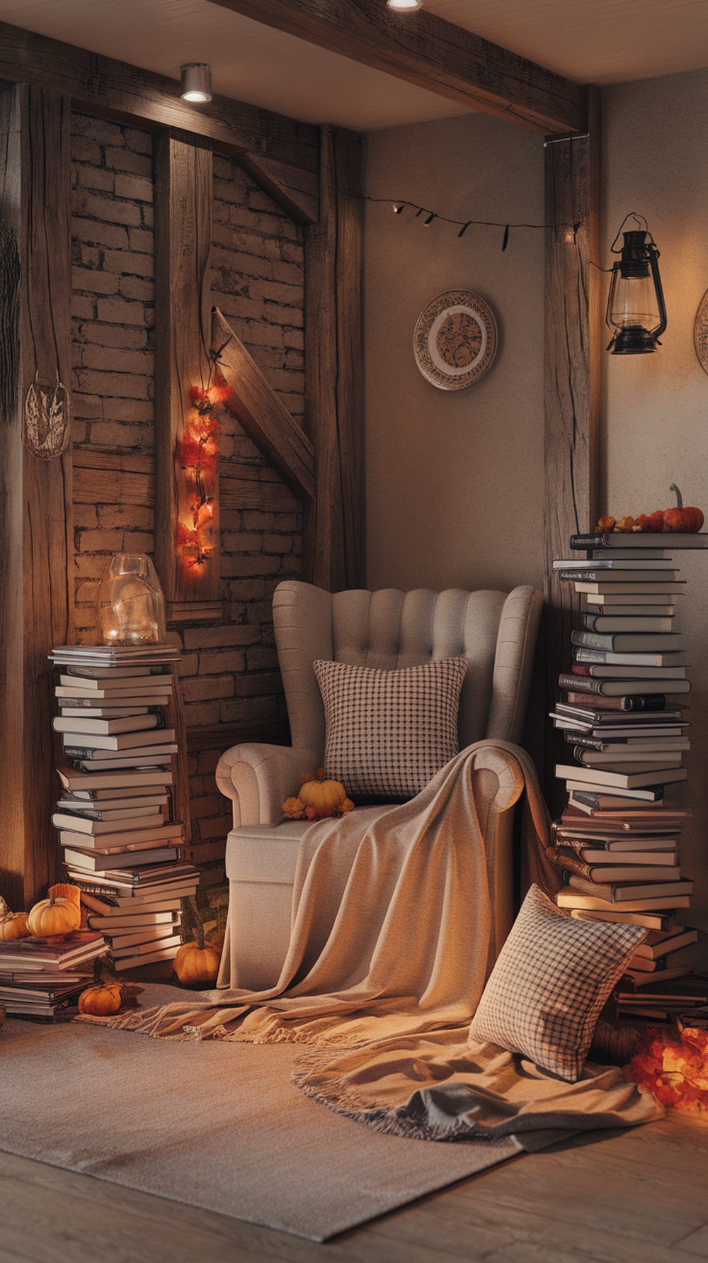 A cozy autumn-themed reading corner with stacked books, pumpkins, and a soft chair.