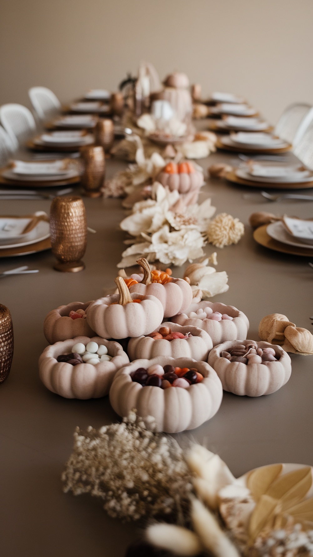 A beautiful table setting featuring mini pumpkins filled with candy, perfect for a fall centerpiece.