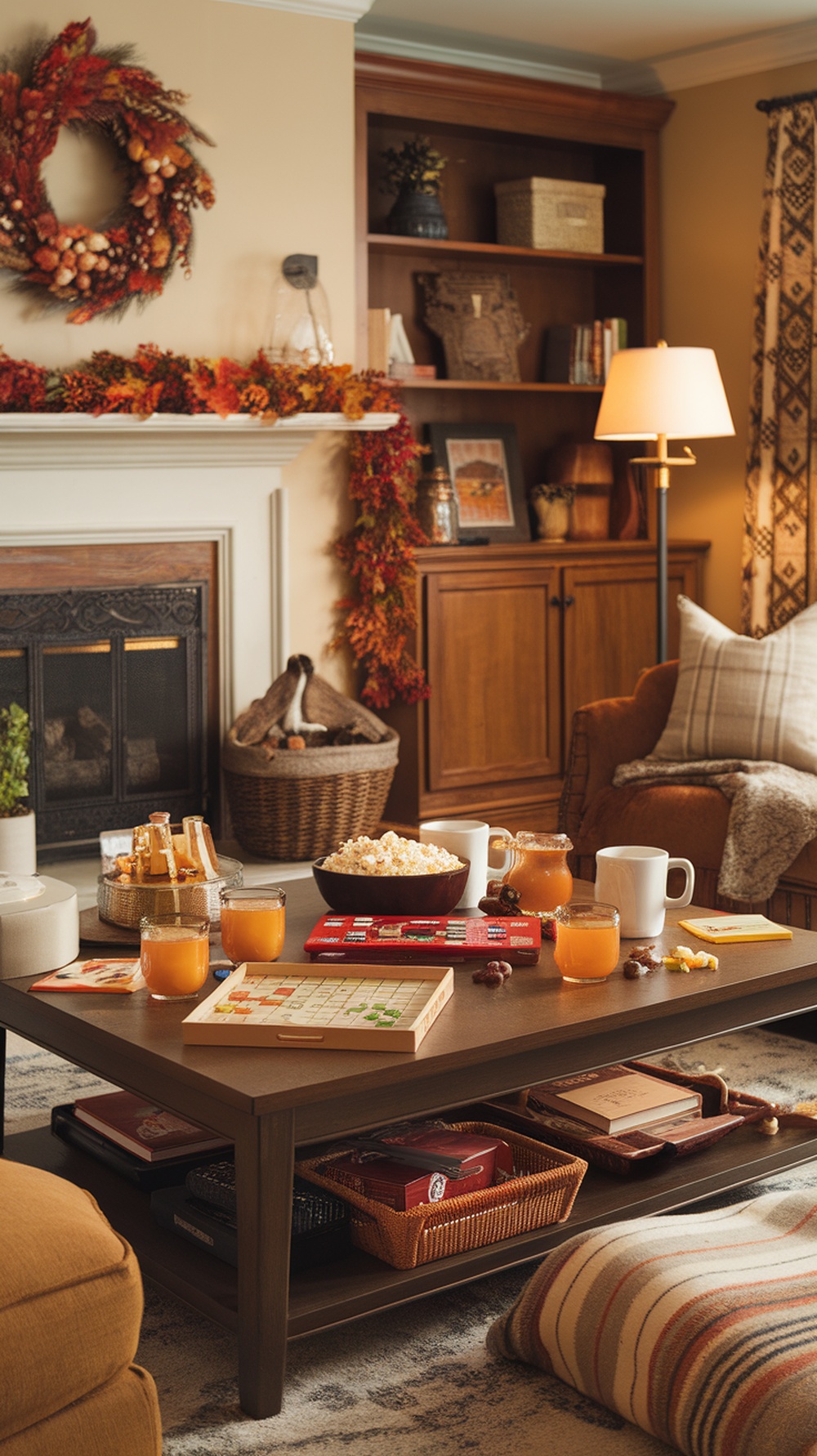 A cozy living room with a coffee table set up for a board game marathon, featuring snacks and drinks.
