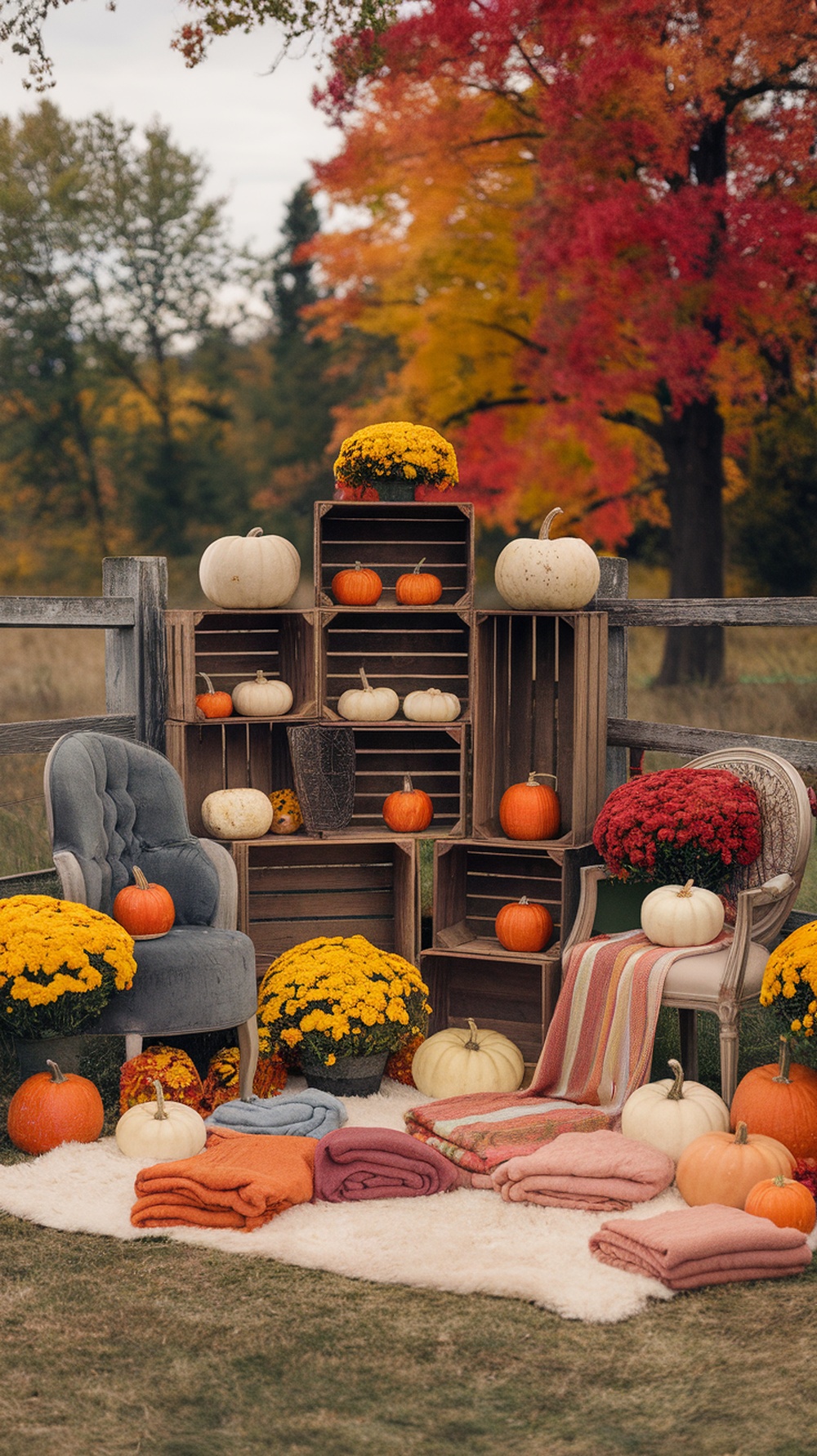 A cozy fall setup with pumpkins, blankets, and flowers displaying autumn colors.