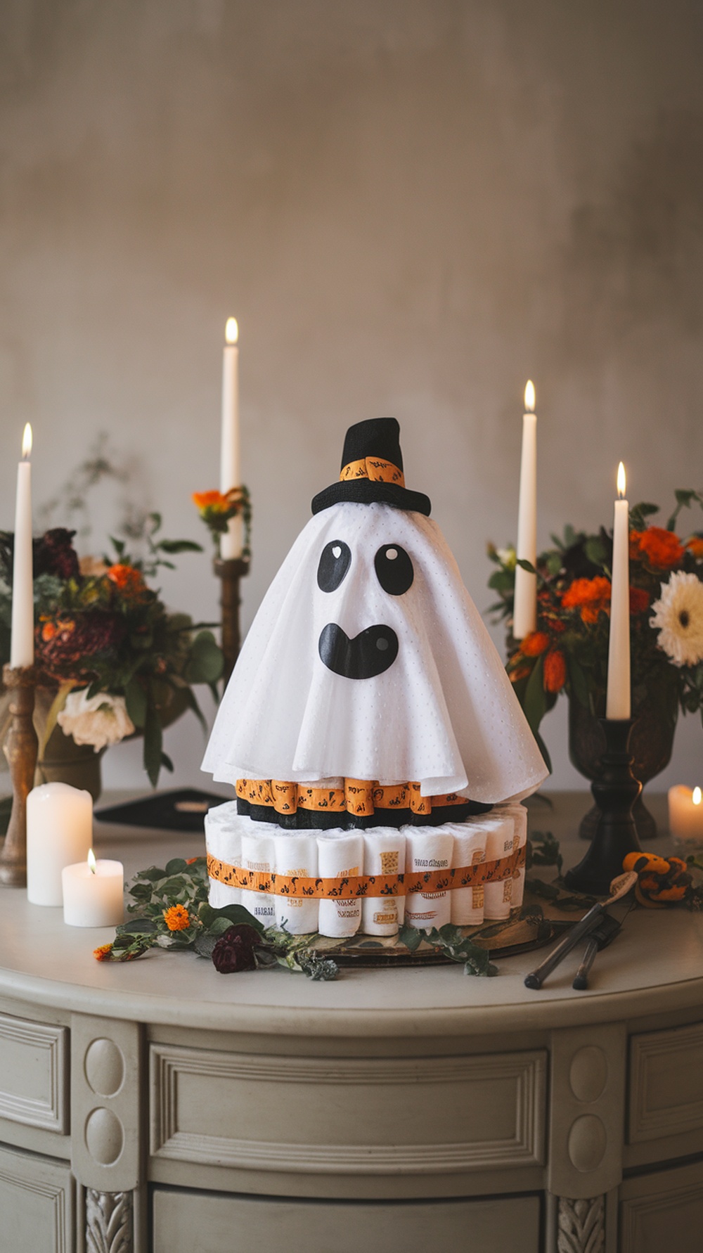 A whimsical ghost diaper cake display for a baby shower, complete with a hat and decorated with flowers and candles.