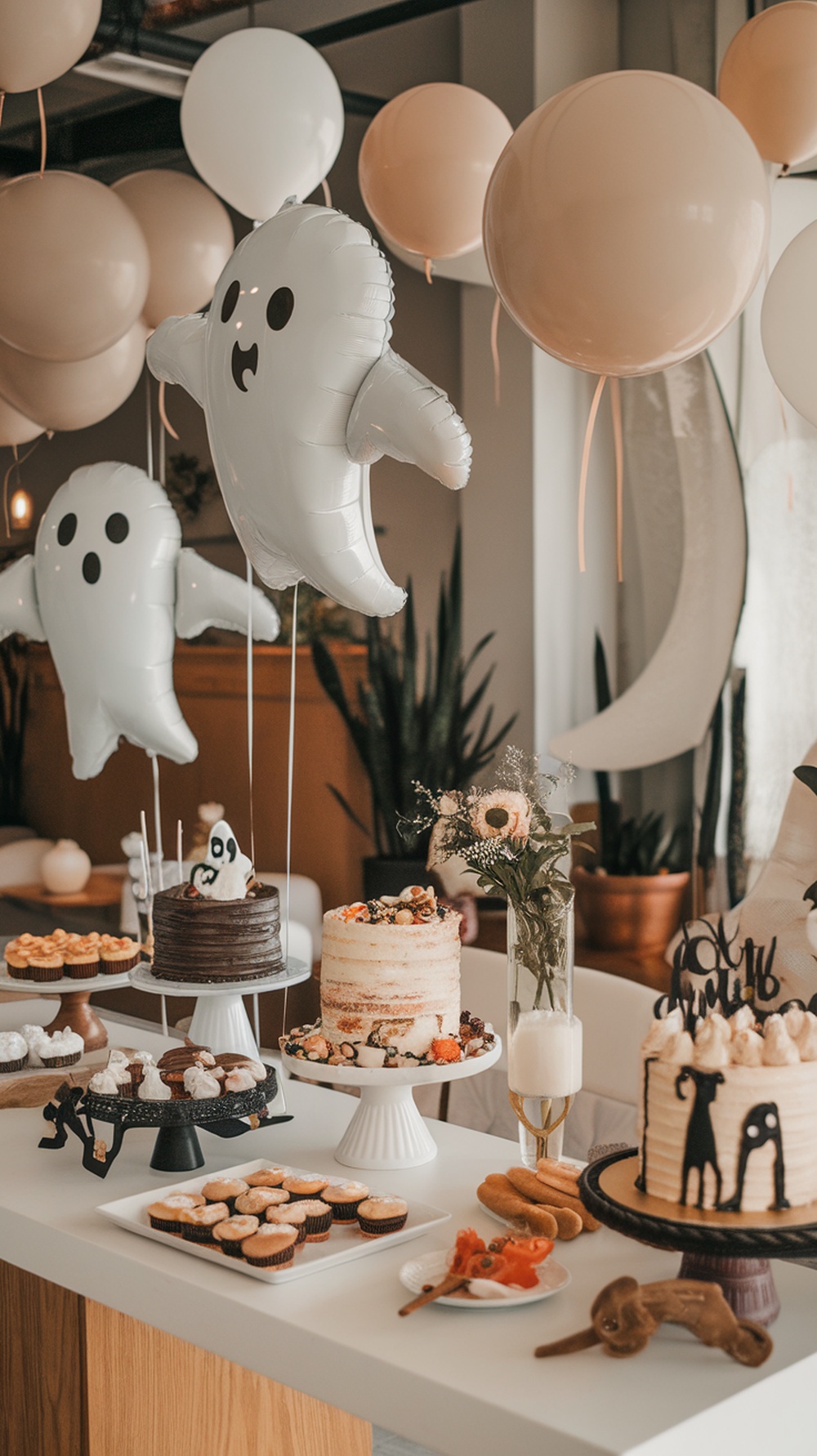 A decorated table with ghost balloons, cakes, and cupcakes for a baby shower.