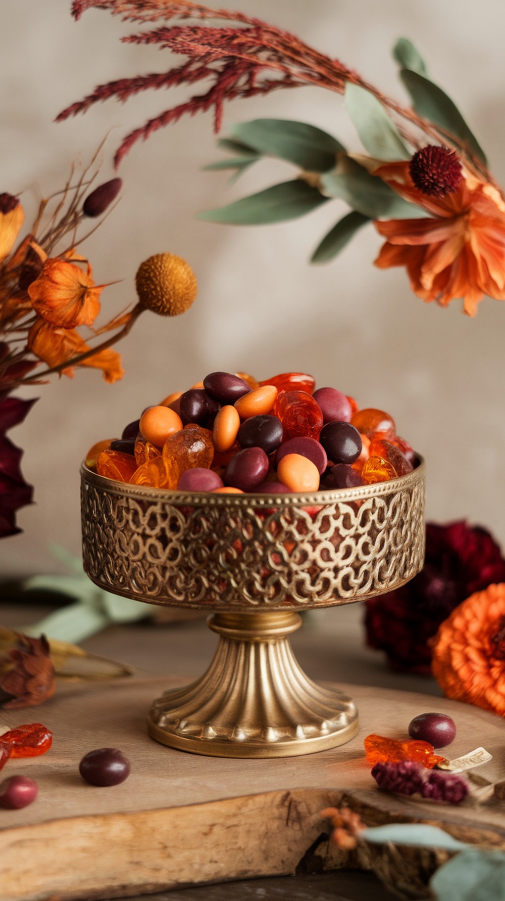 A gold compote bowl filled with various candies, surrounded by autumn-themed decor.