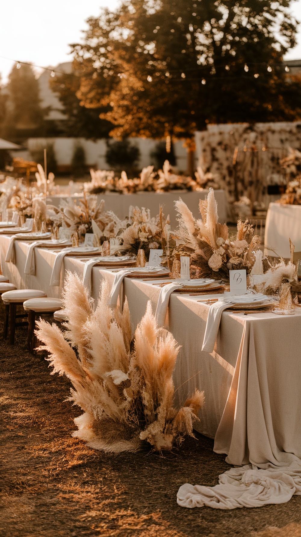 An elegant outdoor baby shower table set up during golden hour, featuring tables with pampas grass, soft linens, and warm lighting.