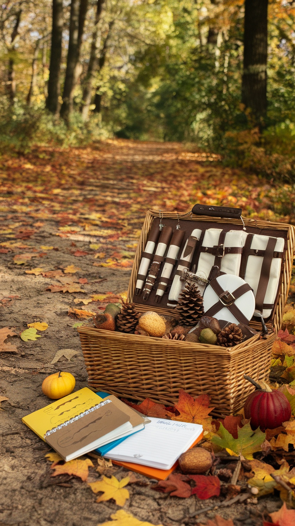 A picnic basket filled with fallen leaves, fruits, and notebooks sits on a path surrounded by autumn foliage.