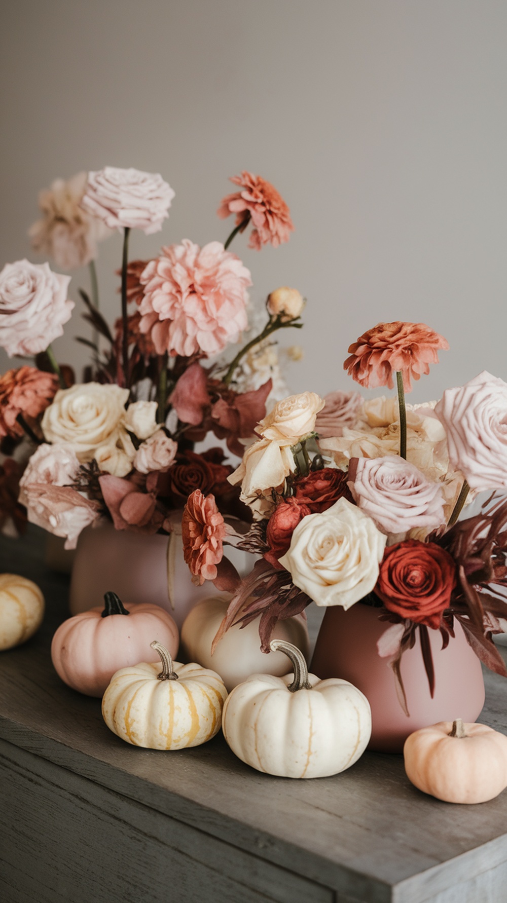 Soft pumpkin floral centerpiece display with pastel flowers and mini pumpkins