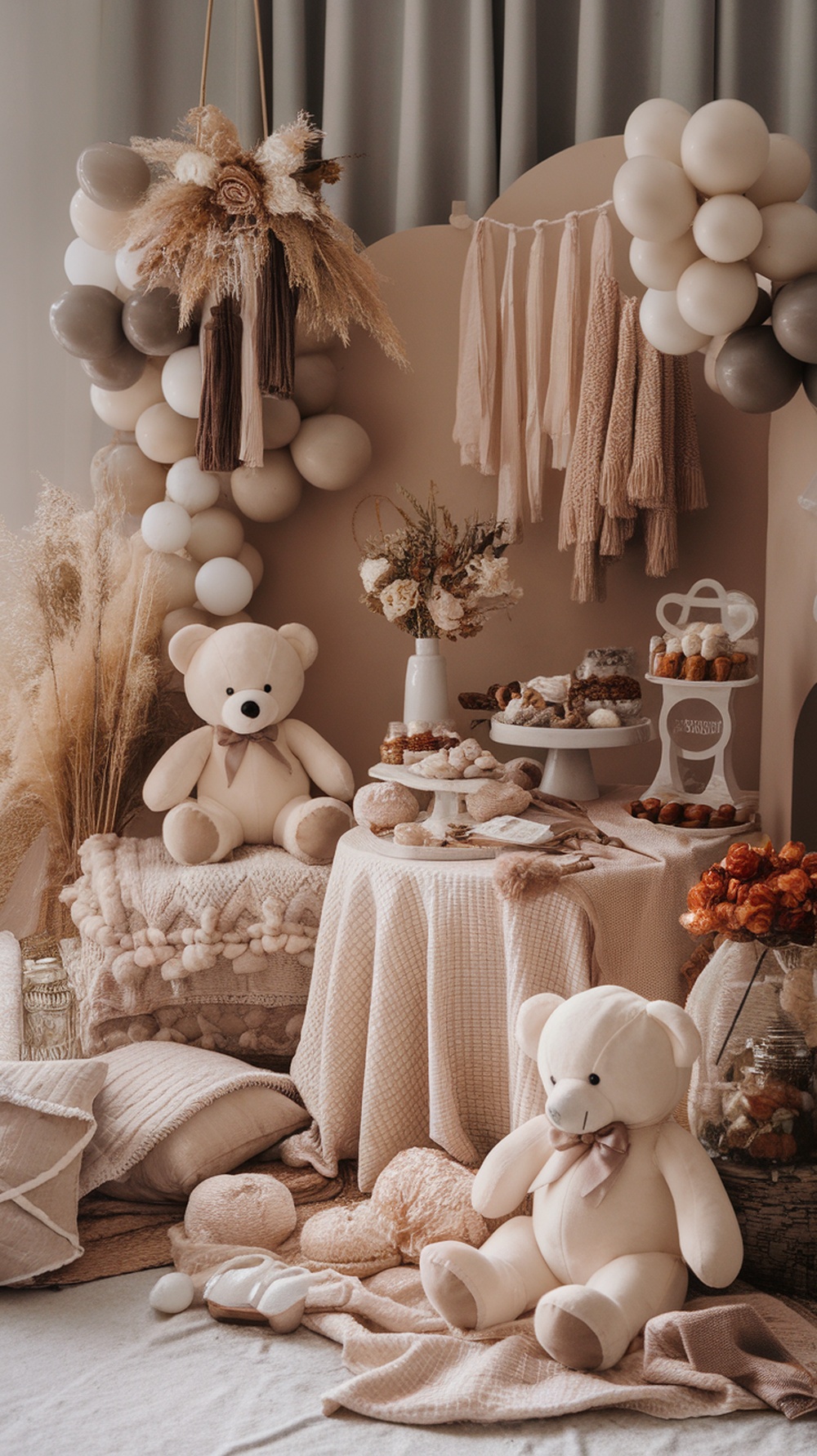 A cozy corner decorated with teddy bears, soft blankets, and fall-themed decor for a baby shower.
