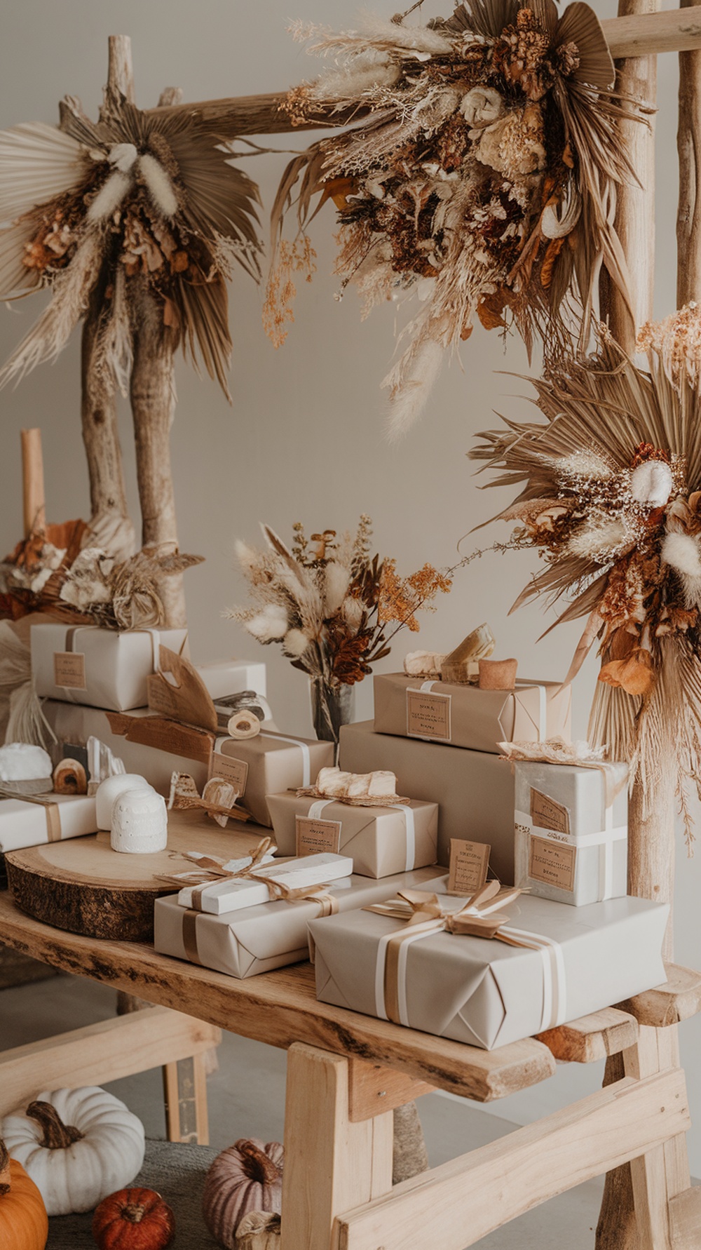 A rustic wooden gift table setup featuring wrapped gifts, pumpkins, and dried floral decorations.