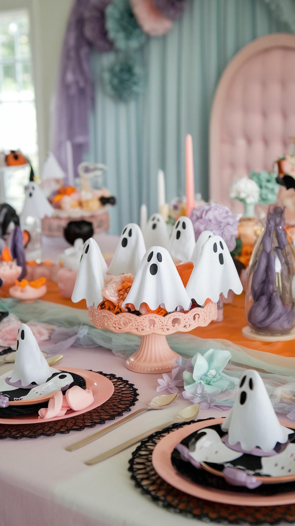 A festive baby shower setup featuring ghost-themed party hats and decorations on a colorful table.