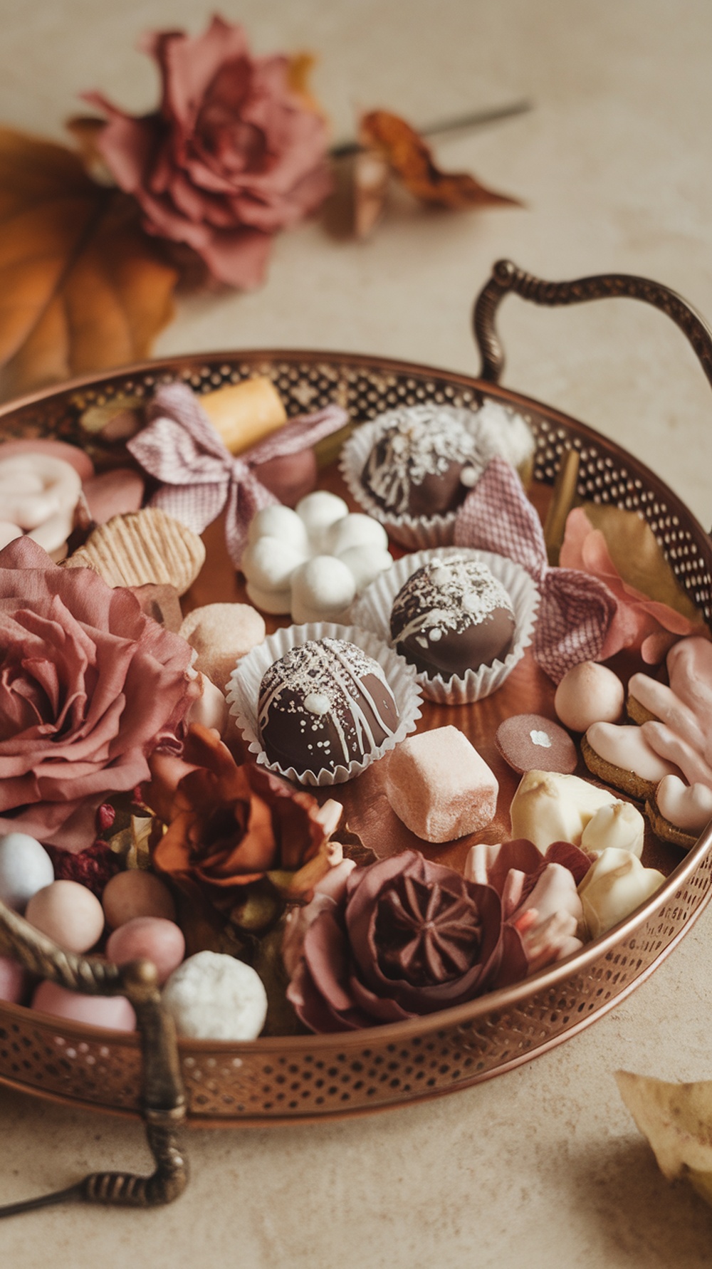 A beautiful copper tray filled with assorted candies and flowers, perfect for a fall centerpiece.
