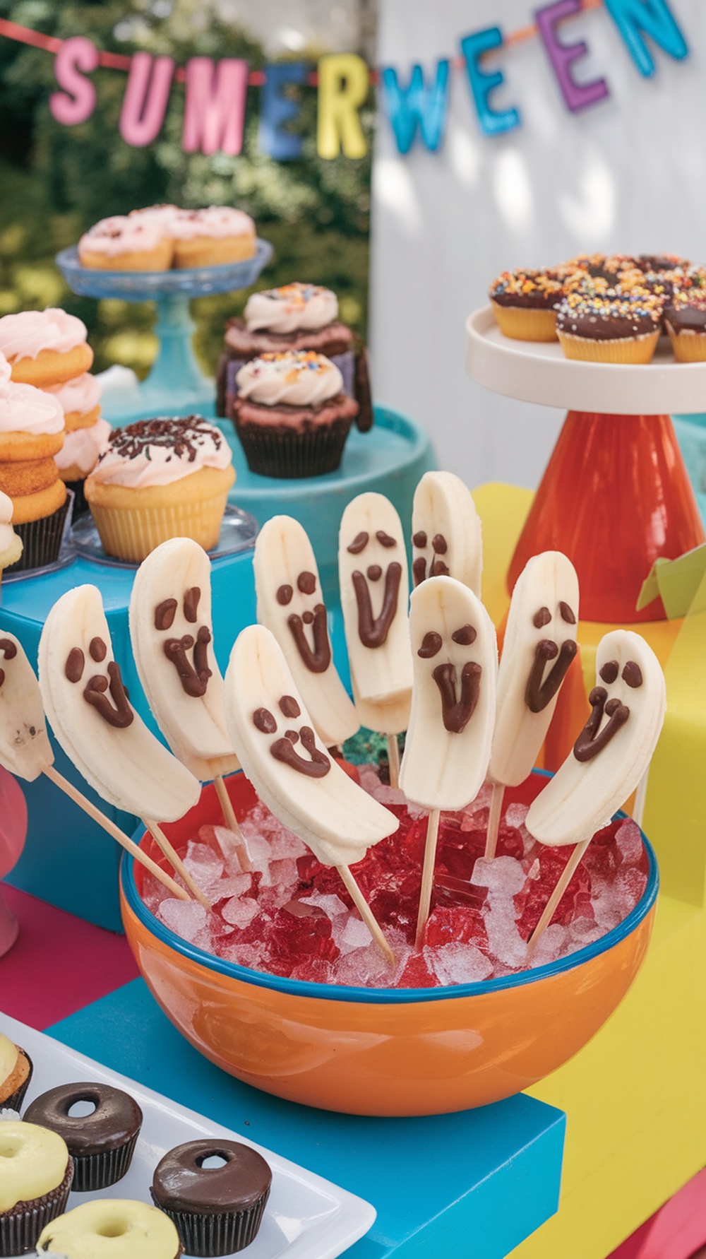 Frozen banana pops decorated to look like ghosts, with chocolate chips as eyes, sitting on ice