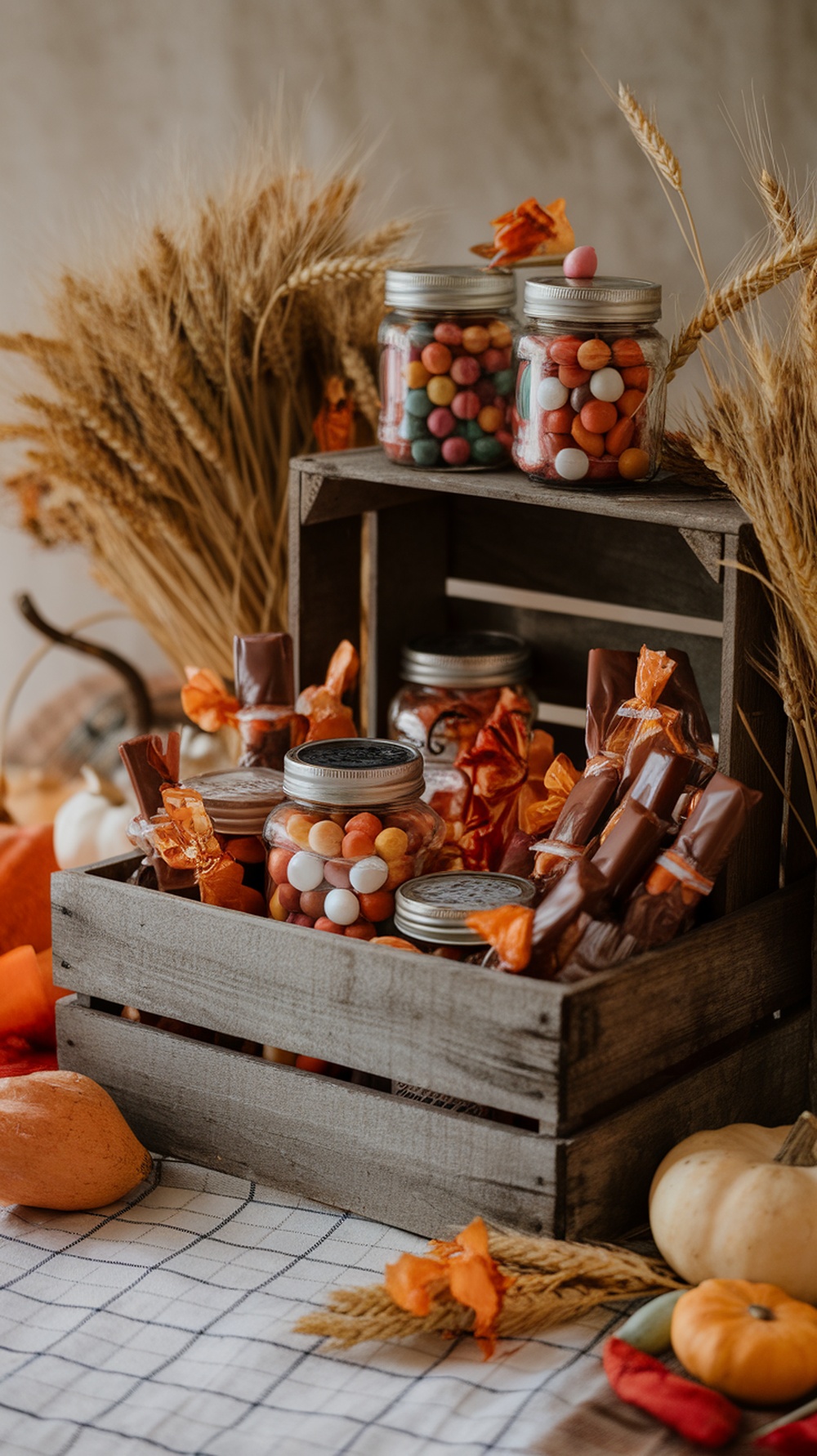 A wooden crate filled with assorted colorful candies, jars, and autumn decorations.