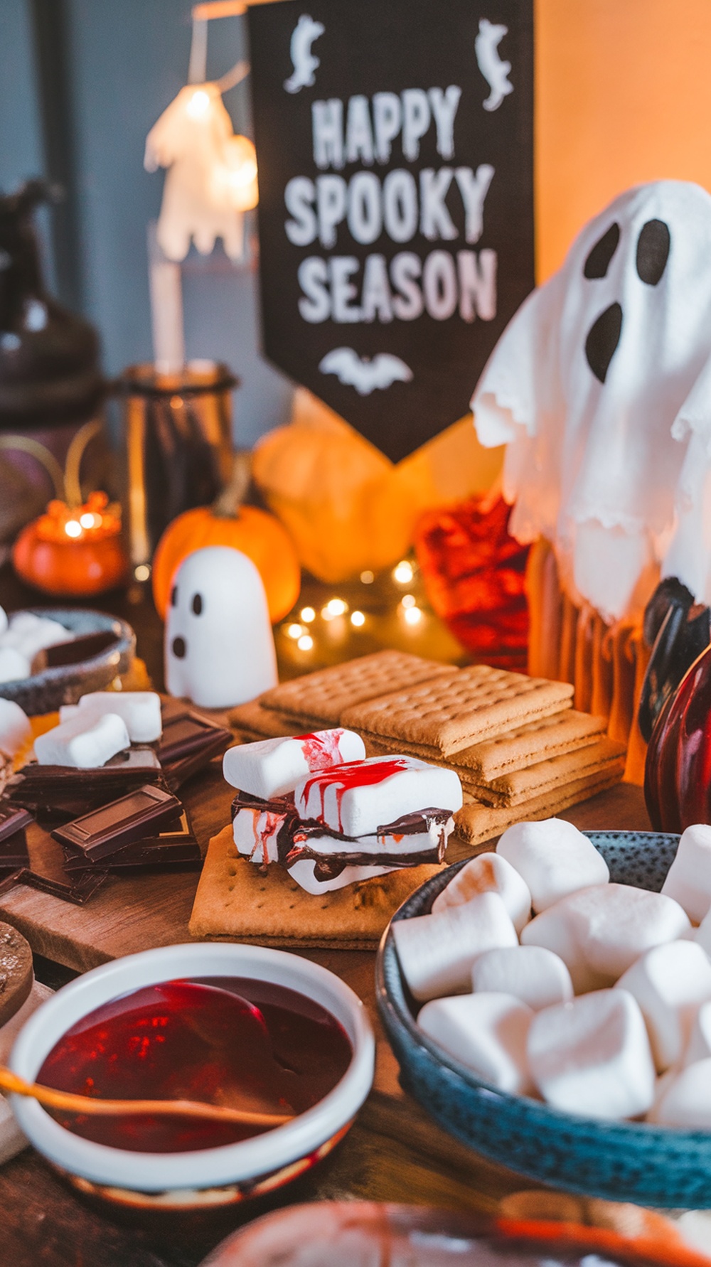 A Halloween S'Mores Board with graham crackers, marshmallows, and chocolate, decorated for a spooky theme.