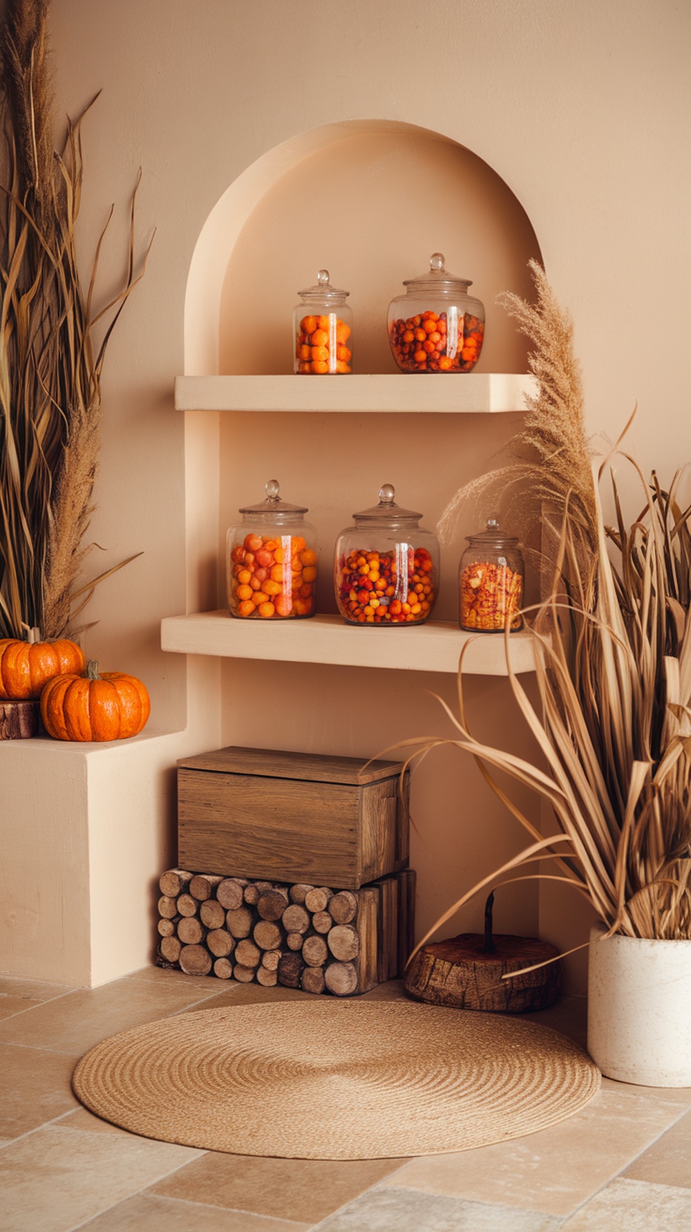 Aesthetic floating shelf displaying colorful candies in glass jars with autumn decorations.
