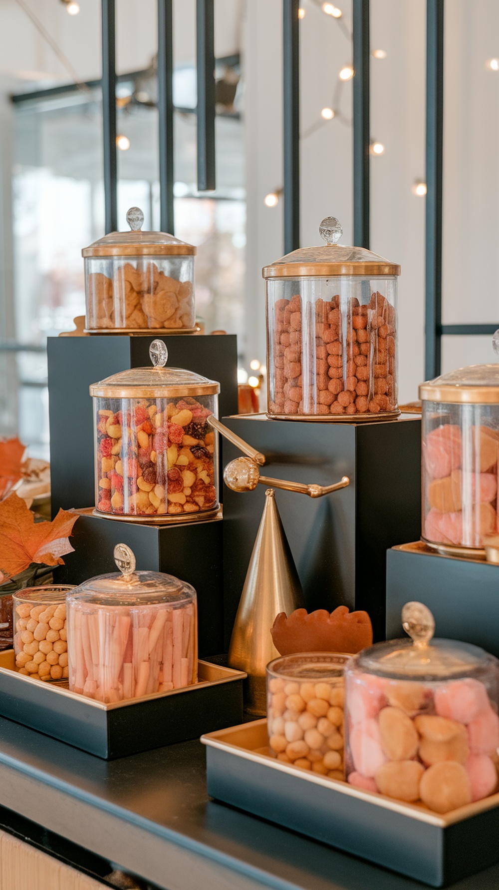 A stylish black and gold candy bar centerpiece with various jars full of colorful candies.
