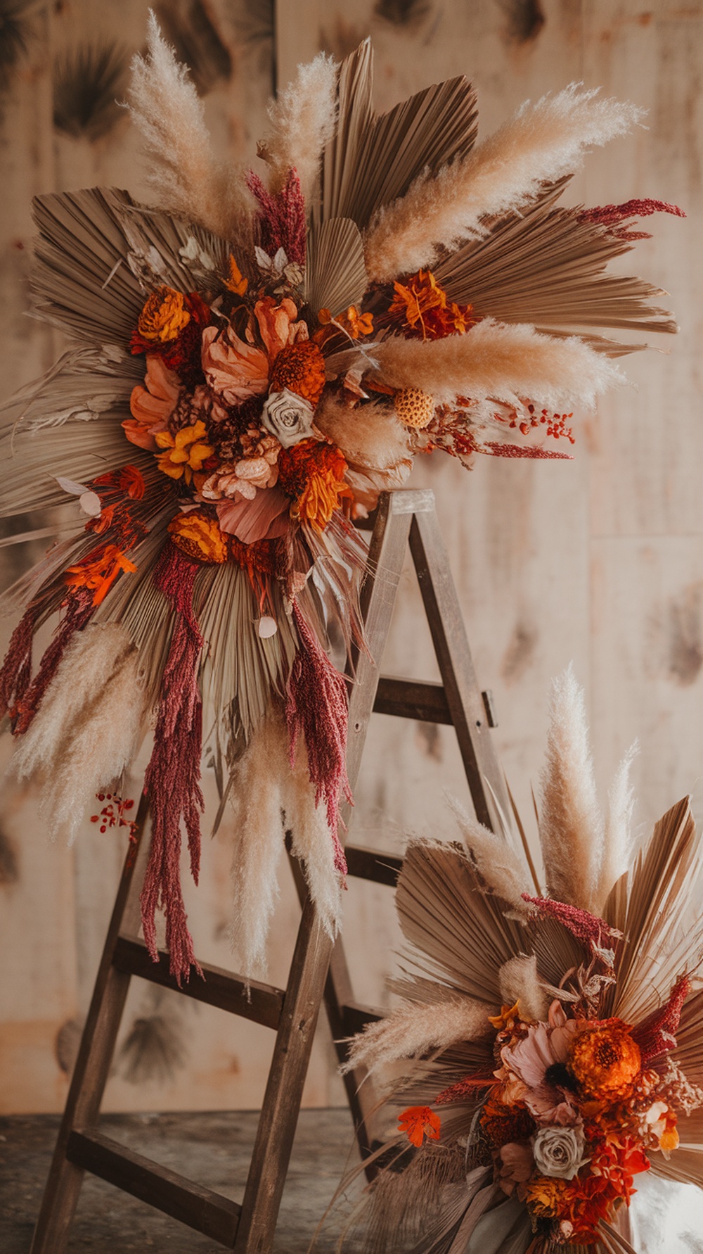 Dried floral arch decoration with warm fall colors on a ladder