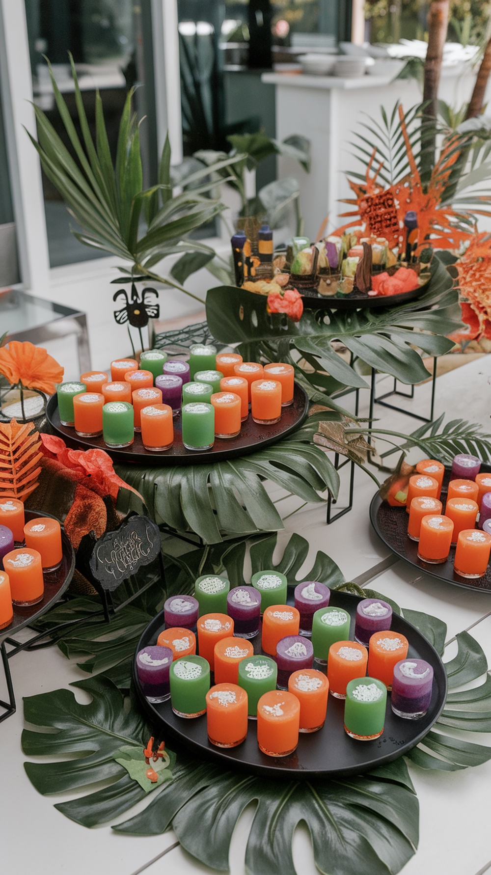 A colorful display of Halloween-themed Jello shots arranged on black platters with tropical leaves.