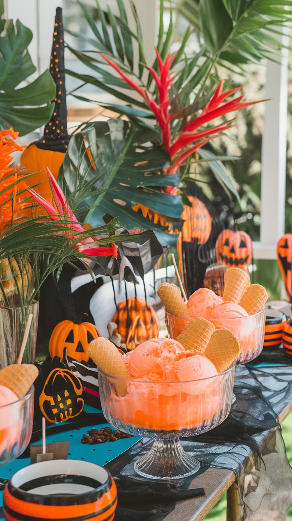 A festive orange sherbet ice cream bar decorated with tropical plants and Halloween-themed decorations.